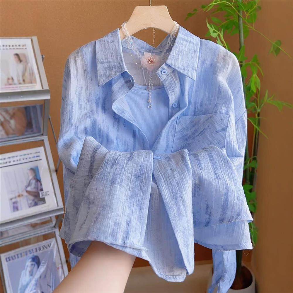 Áo sơ mi nữ dài tay họa tiết tie nhuộm xanh — Màu xanh (một mảnh) chi tiết 4