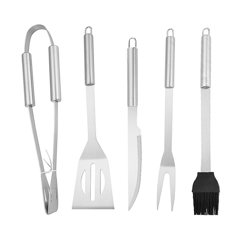 Set de cinco piezas de herramientas de parrilla de acero inoxidable set de alimentos de parrilla cuchillo y tenedor de barredura de aceite camping al aire libre