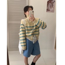 韩国秋冬高品质韩系风针织衫拼色宽松拉链立领条纹软糯毛衣女