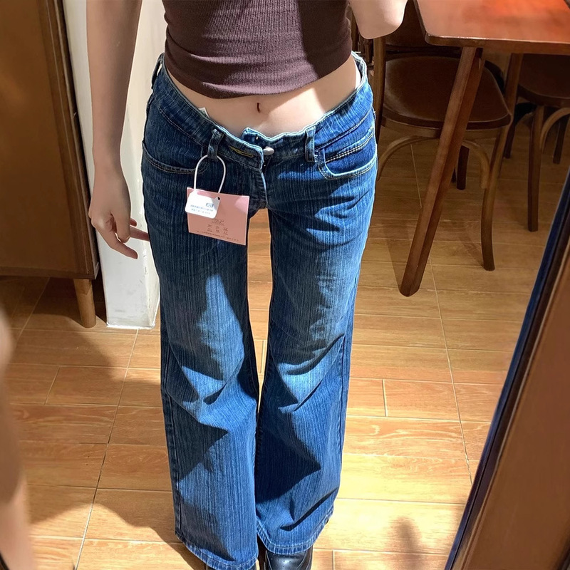 深蓝色竹节纹复古微喇牛仔裤女2025年高个子不贴腿低腰宽松喇叭裤|undefined