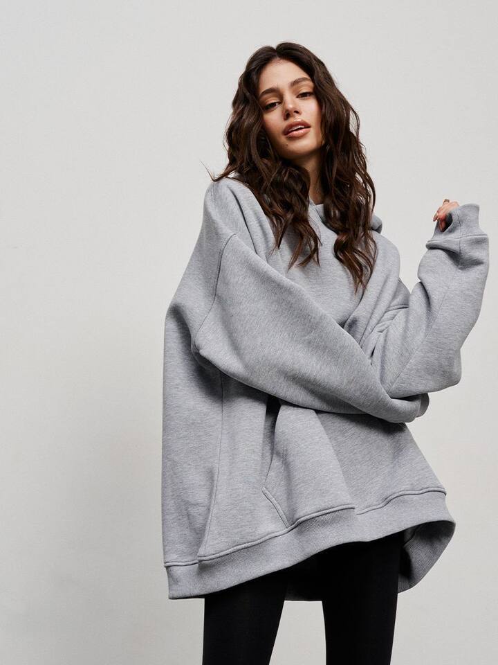 Áo hoodie nỉ lông dáng rộng có mũ và túi, tay dài, dáng unisex — Màu cà phê, Màu hồng, Màu xám, Màu đen chi tiết 35