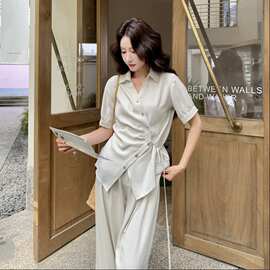 韩系松弛设计感套装女2026夏新款不规则系带短袖衬衫阔腿裤两件套