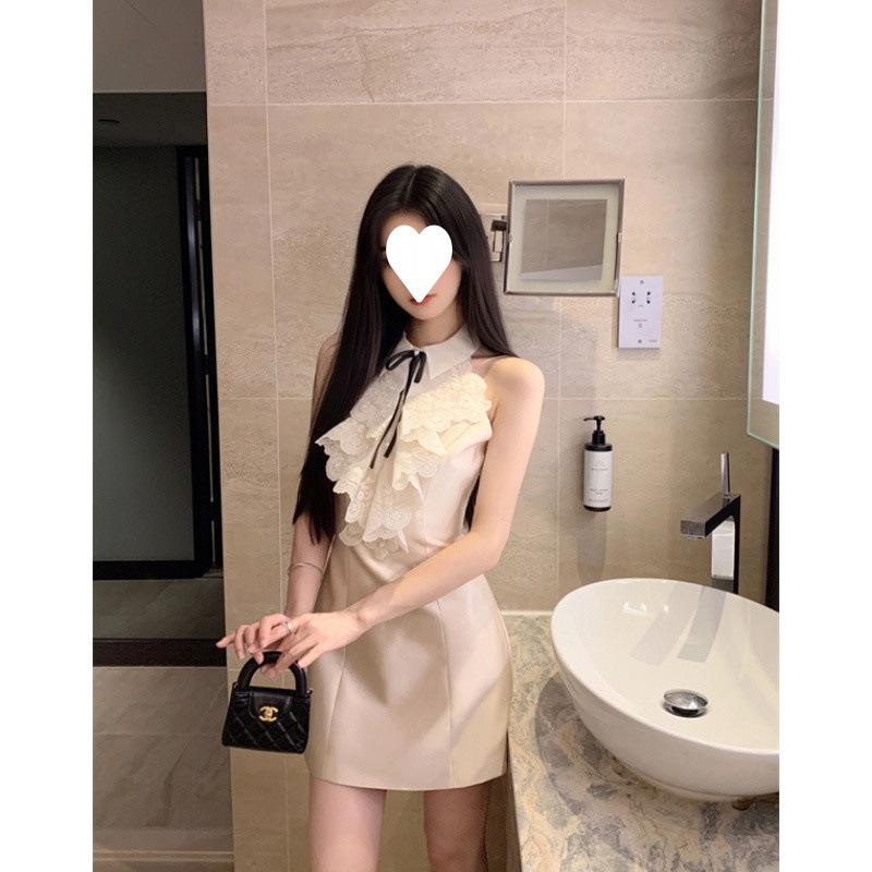法式纯欲千金风蕾丝拼接挂脖连衣裙夏季新款气质收腰短a字裙子女|undefined
