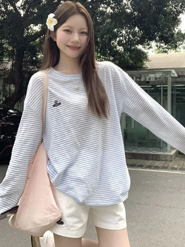 薄い漫画刺繍ストライプ長袖ブラウス Tシャツ女性の夏のデザインミッドレングスルーズ日焼け止めトップ|undefined