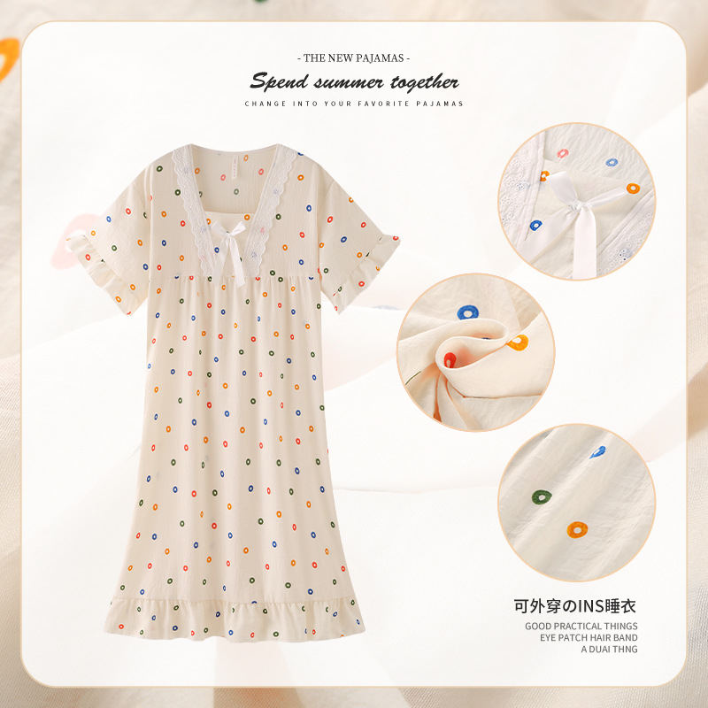 Pijama de verano de algodón nubes tejidas, vestido de pijama de mangas cortas, vestido de viento de princesa, vestido de casa suelto, verano