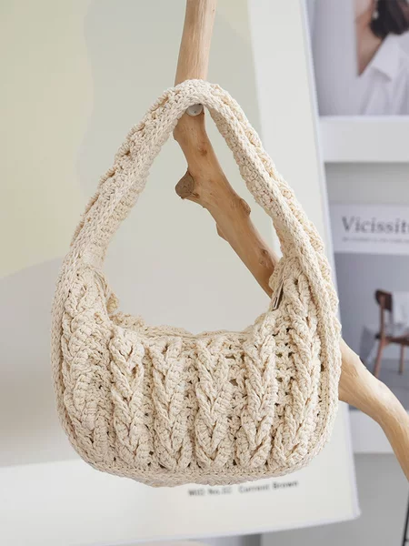 2026 Spring New Woven Commuter Bag Women's Vintage Hollow Knit Bag Relaxed Grid Beach Bag