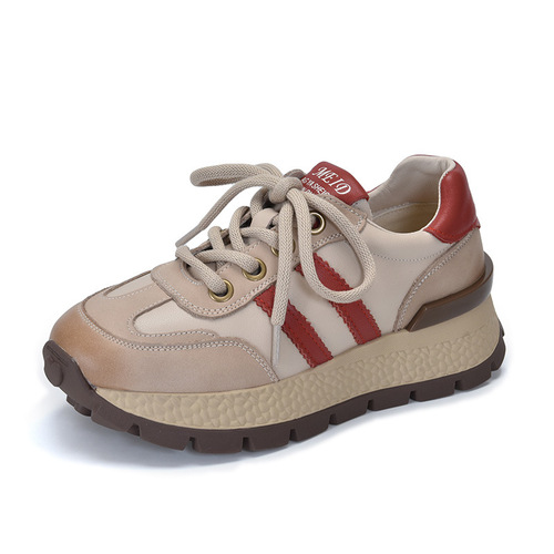 Women's Retro Design Sports Shoes, Low-Top, Versatile Casual Shoes, 2024 Spring New Arrival Genuine Leather Medium Heel Trendy Shoes