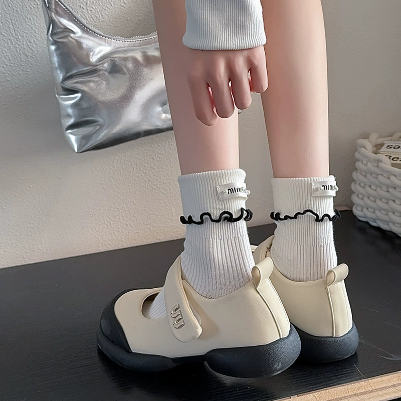 Summer thin white knee socks with bow, cute loafers, mid-length