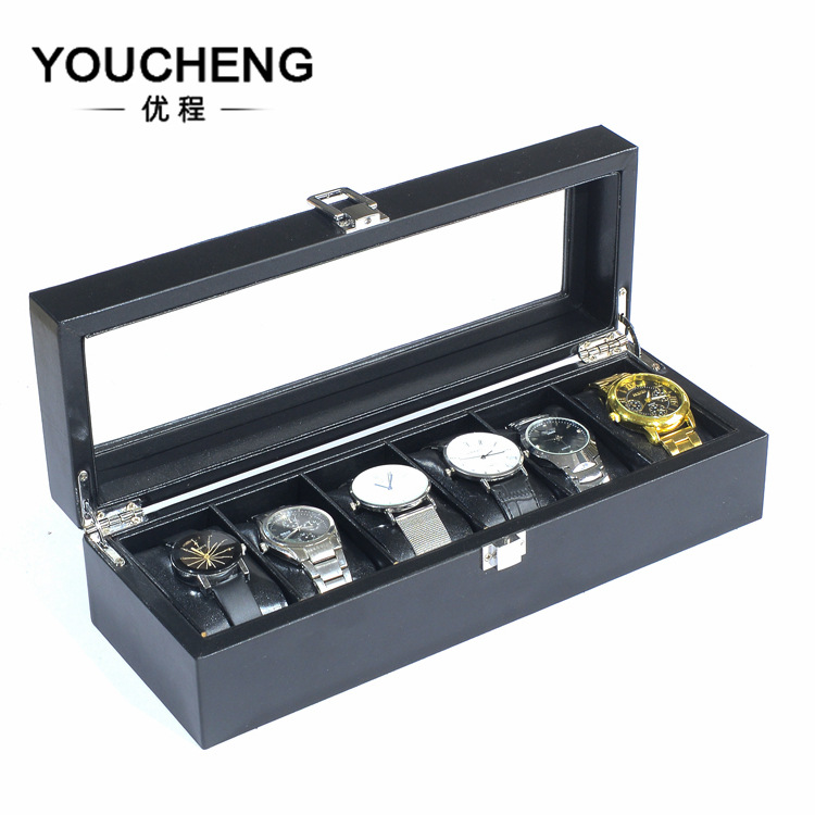 新款跨境6位手表盒黑色pu全皮6位手表收纳盒手表包装盒手表盒现货