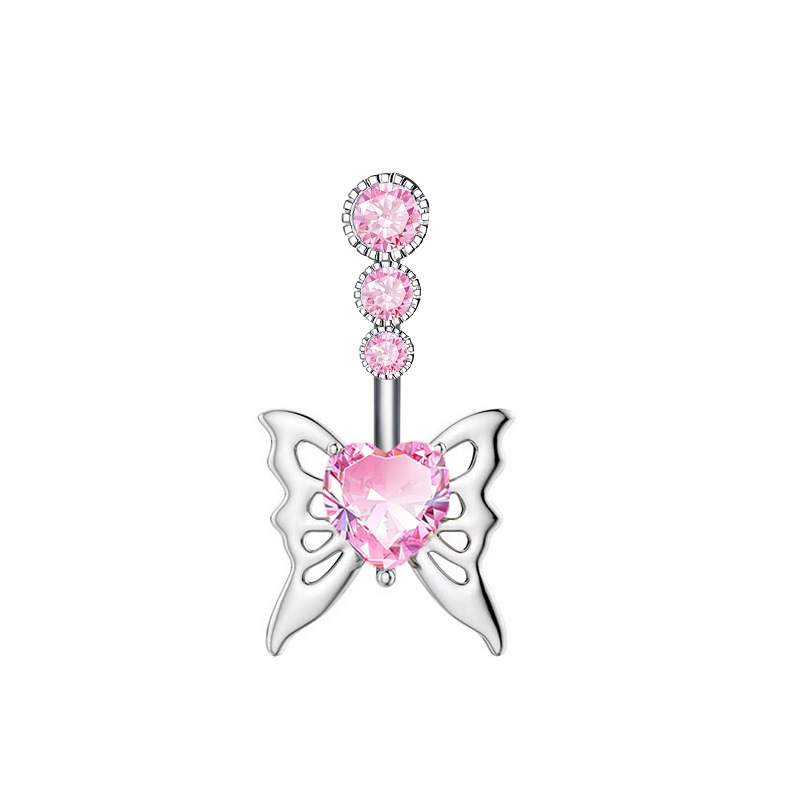 Piercing nombril papillon et cœur rose en acier inoxydable_voghion.com