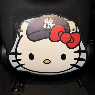 Hatted Kitty Car Seat Back Chair back anti-kick pad - kitty-in-hat-blue-leaflet