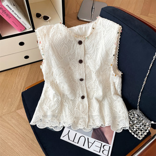 Real Shot of High-End Heavy-Duty Lace Cut Out Vest for Women's Summer New Style Celebrity Outer Wear Slimming Retro Style Vest