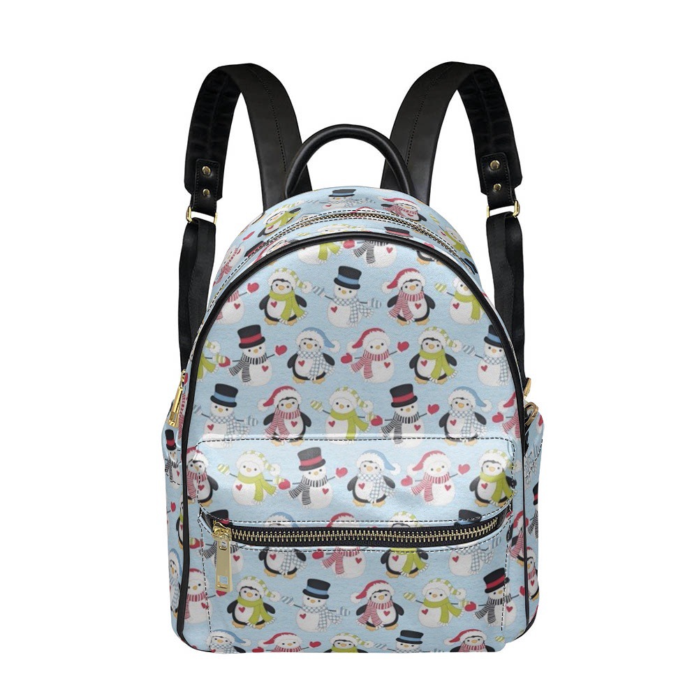 独立站可爱小企鹅印花女士皮革双肩包休闲大容量拉链背包一件代发