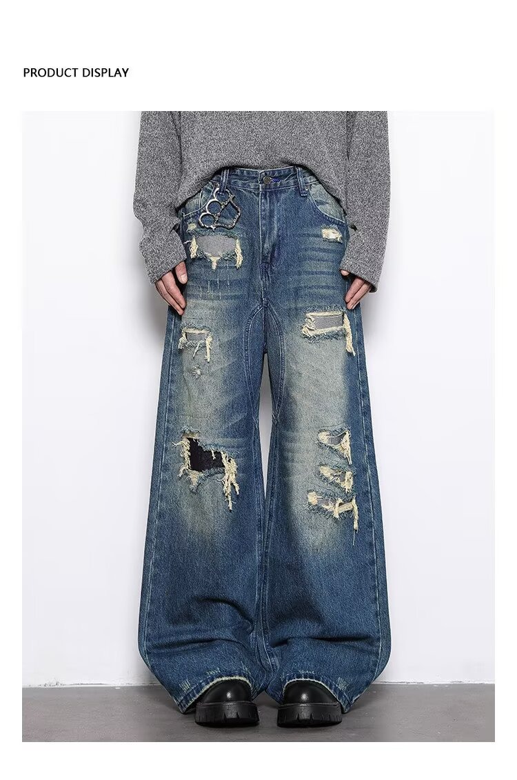 Men's High-End Retro Distressed Ripped Camouflage Patchwork Wide Leg Jeans Loose Fit Floor Length Pants_mkmklike.com