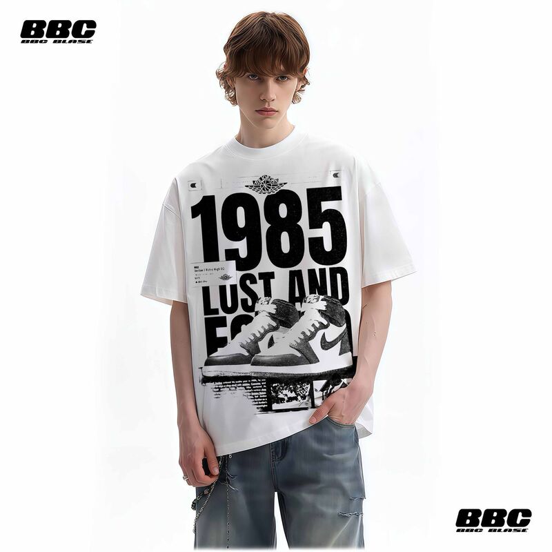 Street Casual Versatile Round Neck Printed Letter Trendy Brand Retro Short-Sleeve American-Style Loose Cotton T-Shirt