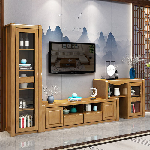 New Chinese style solid wood TV cabinet combination storage log modern simple rubber wood living room audio-visual cabinet furniture set