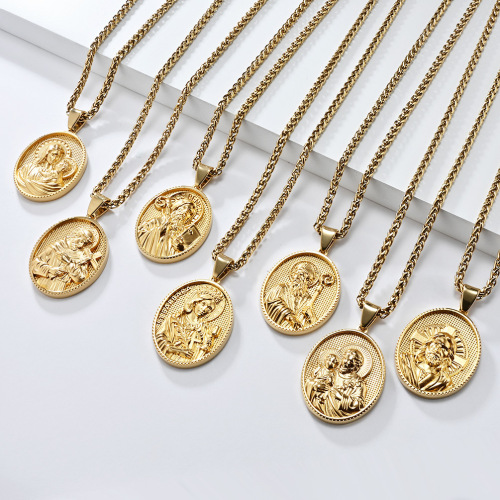 Cross-border European and American antique-style human figure titanium steel necklace round pendant niche personalized protective accessory sweater chain pendant