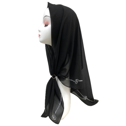 Special Black Chiffon Arab Middle Eastern Headscarf Malaysian Scarf Cross-border Headwrap Hui Muslim Women's New Rhinestone Headscarf