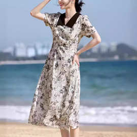 外贸法式复古撞色衬衫领连衣裙女夏季优雅气质修身显瘦减龄碎花裙