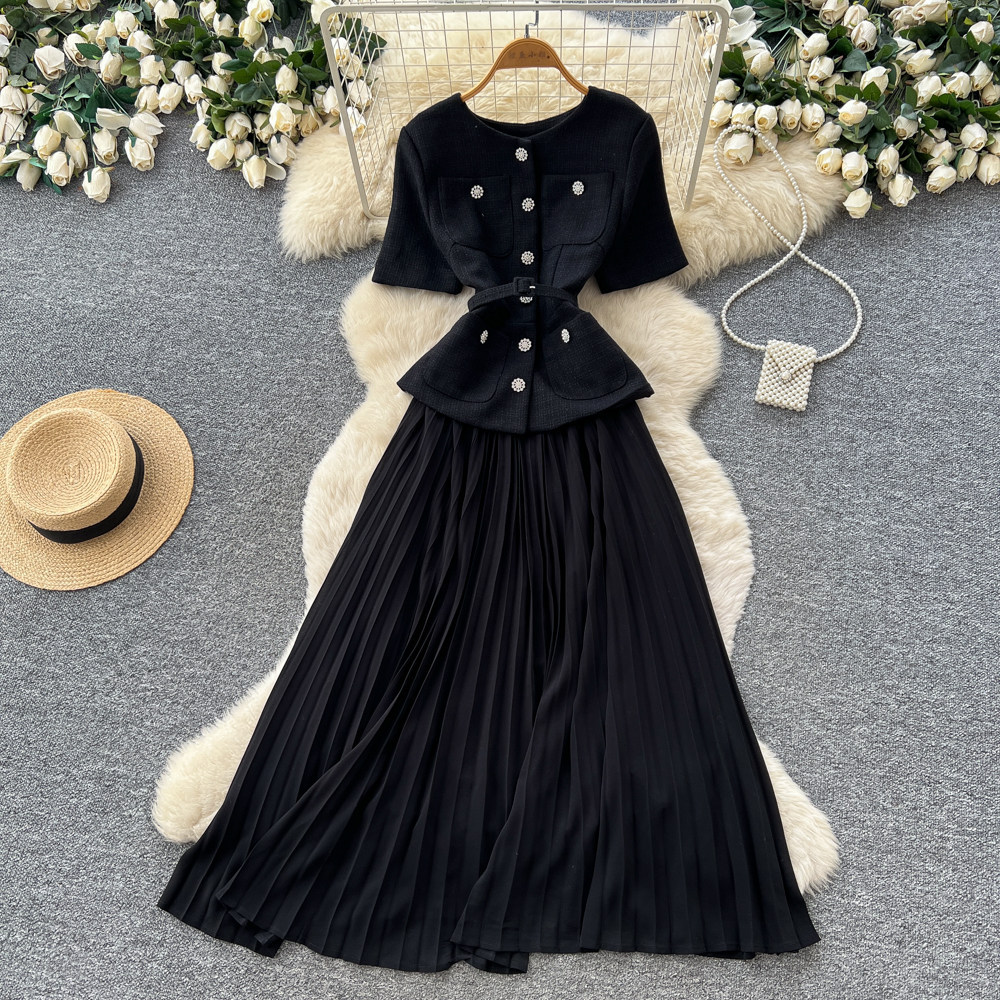 Inspired Pink A-Line Dress Short Sleeved High Waisted Fitted Long Skirt Luxurious Feel Women's Clothing_ecoleips.com