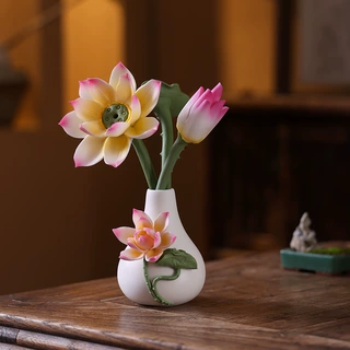 手工陶瓷小花瓶仿真荷花莲花家居装饰品创意插花供佛书房茶台摆件