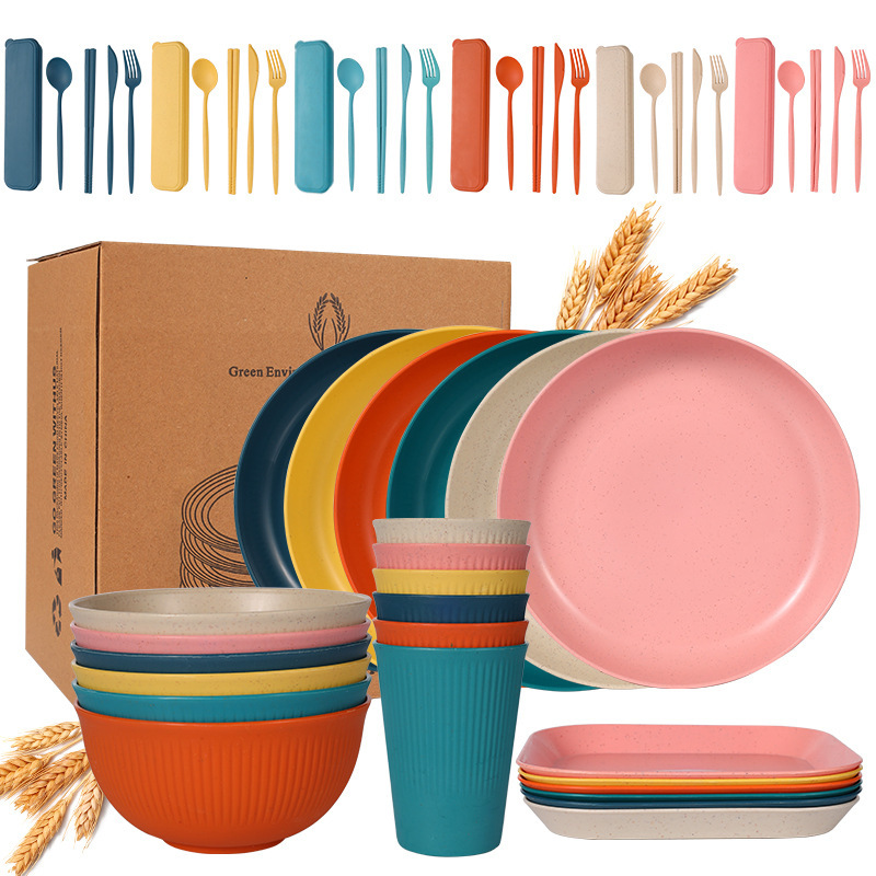 Cross-border Amazon Wheat Straw Bowl Plate Cup Knife Fork Spoon Chopsticks Student Outdoor Portable Tableware Gift Set
