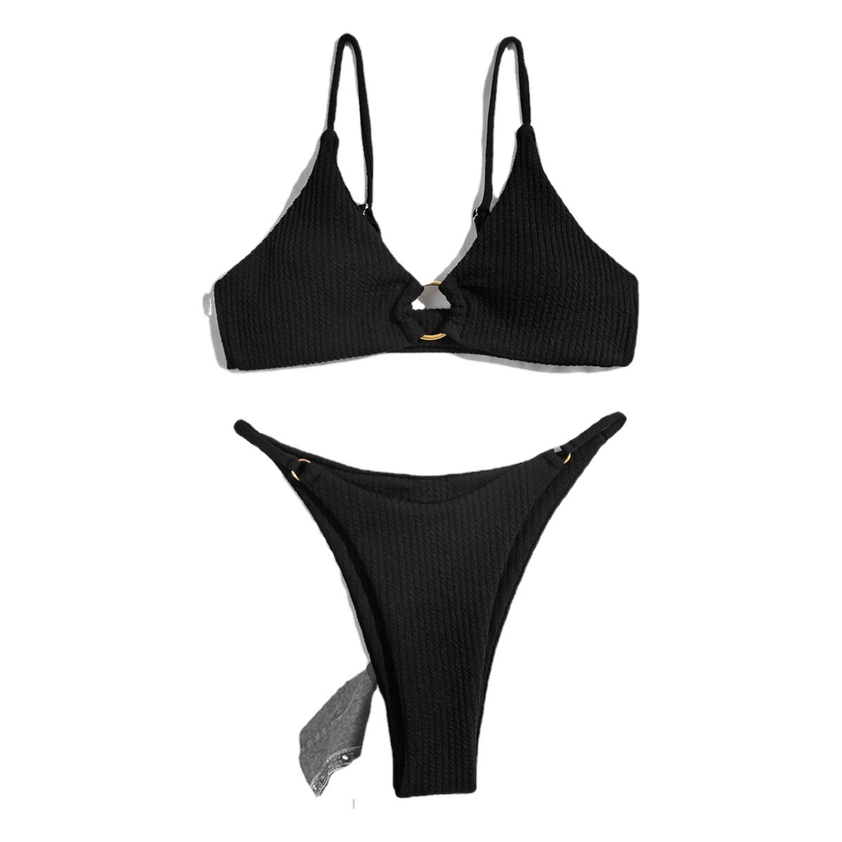 Бикини 2025: Новая модель в европейском и американском стиле, однотонный купальник из специальной ткани, двухсекционный, с кольцевой отделкой, экспортная модель.