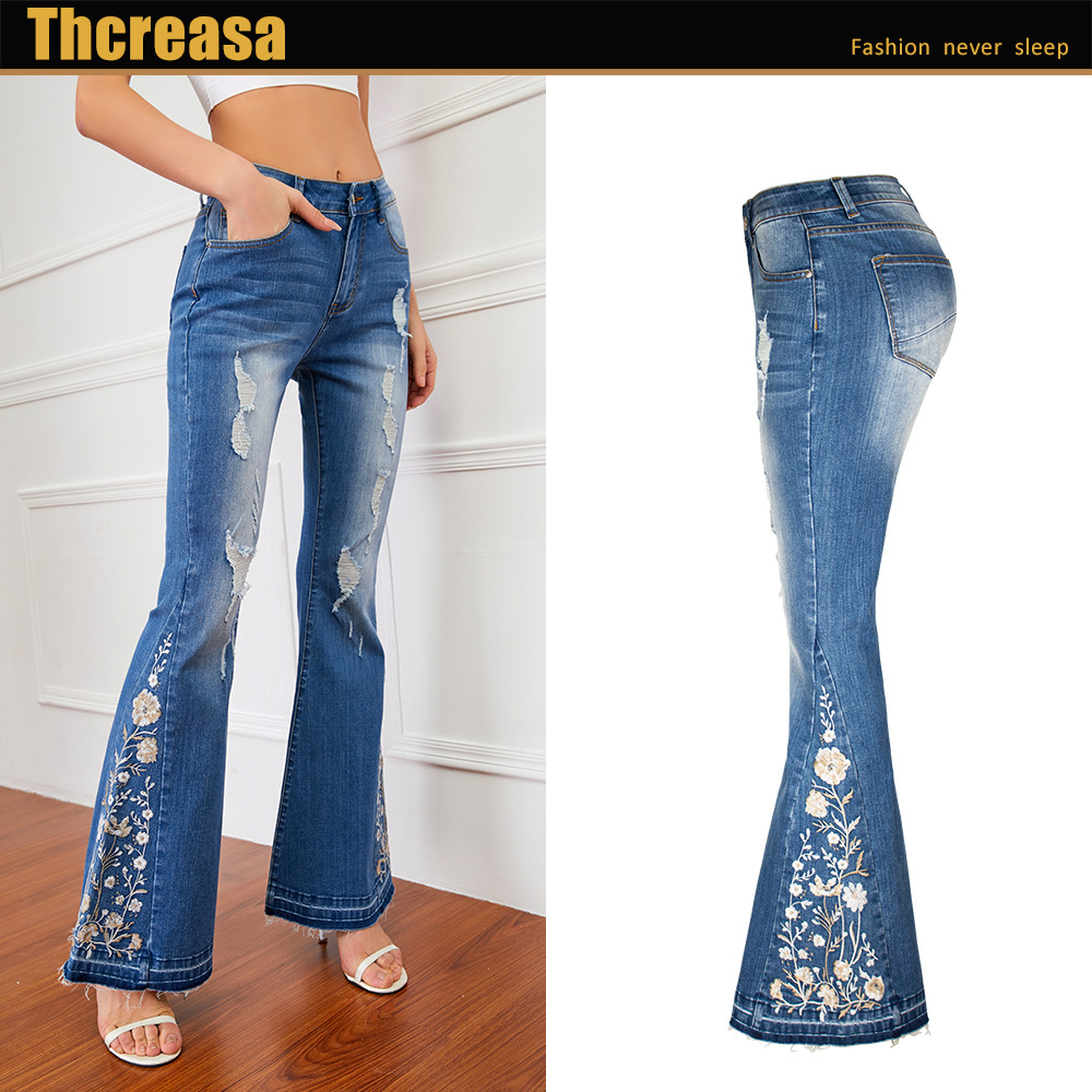 Women's Clothing three dimensional 3D embroidery women's jeans trousers flared pants_voghion.com