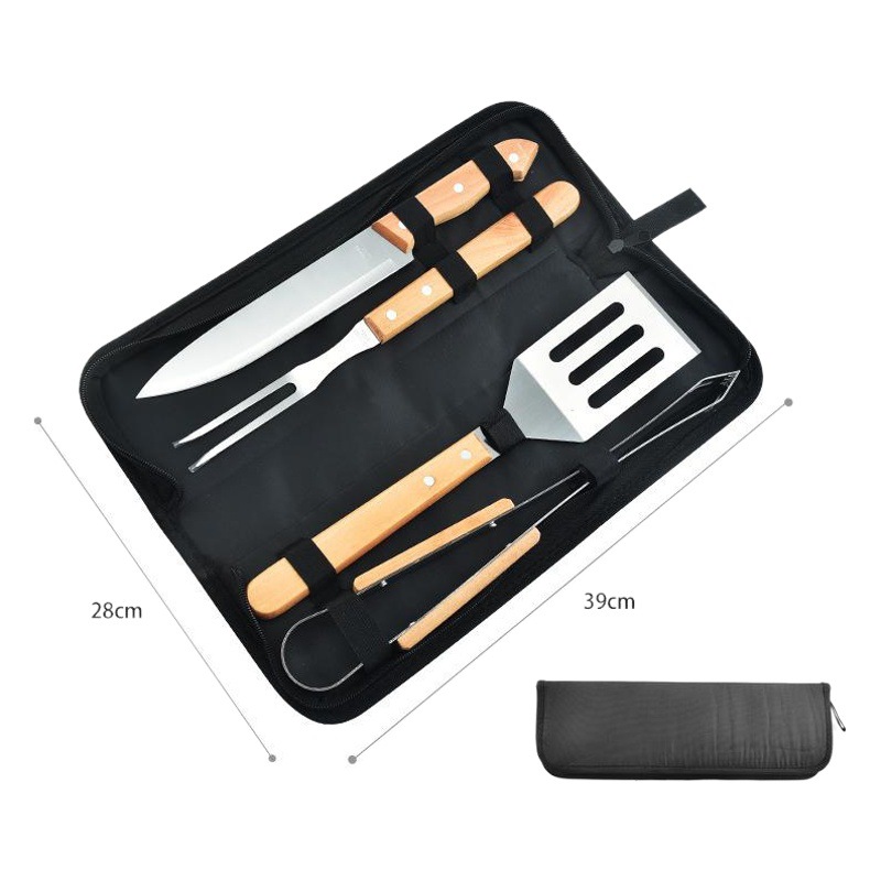 Bolsa de tela Río mango de madera barbacoa herramienta traje barbacoa herramienta combinación al aire libre hogar Acero inoxidable tenedor pala clip transfronterizo