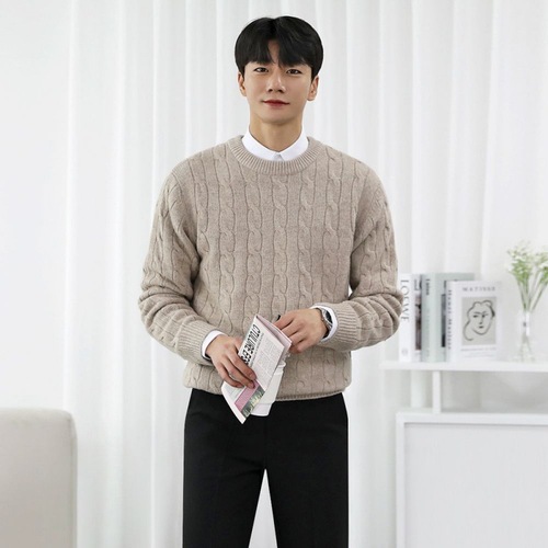 MYQ Round Neck Cable Knit Sweater for Men Autumn/Winter Korean Version Fashion Business Loose Hooded Topcoat for Layering