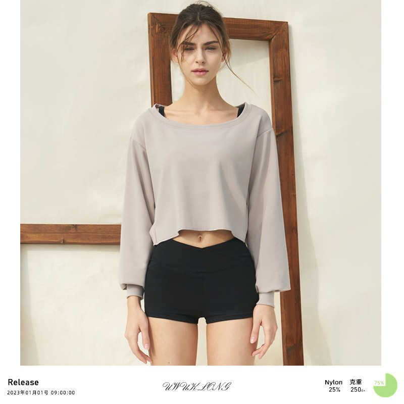 New foreign trade yoga fitness top short loose stitching sweater sports dance long sleeve T-shirt outer wear blouse