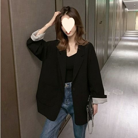 小西装女春秋中长款韩版西服宽松休闲百搭网红外套上衣潮|undefined