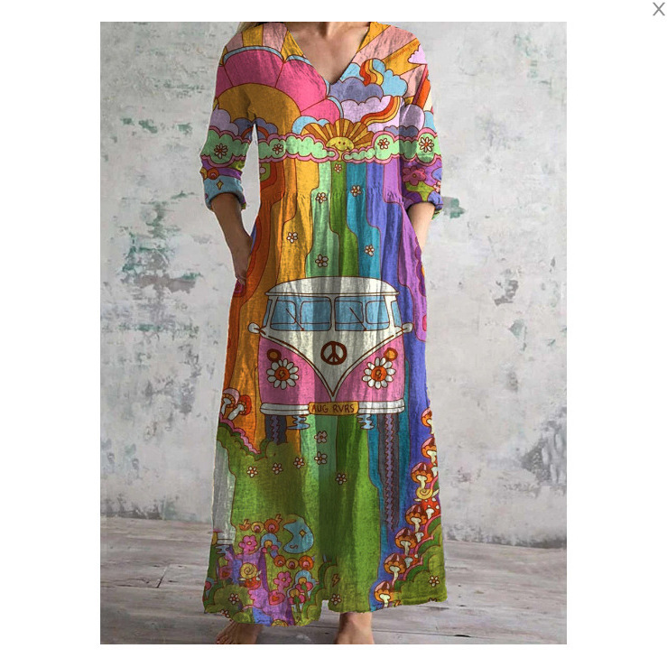 外贸跨境2025新品欧美3d印花亚马逊欧美夏季都市休闲宽松连衣裙女