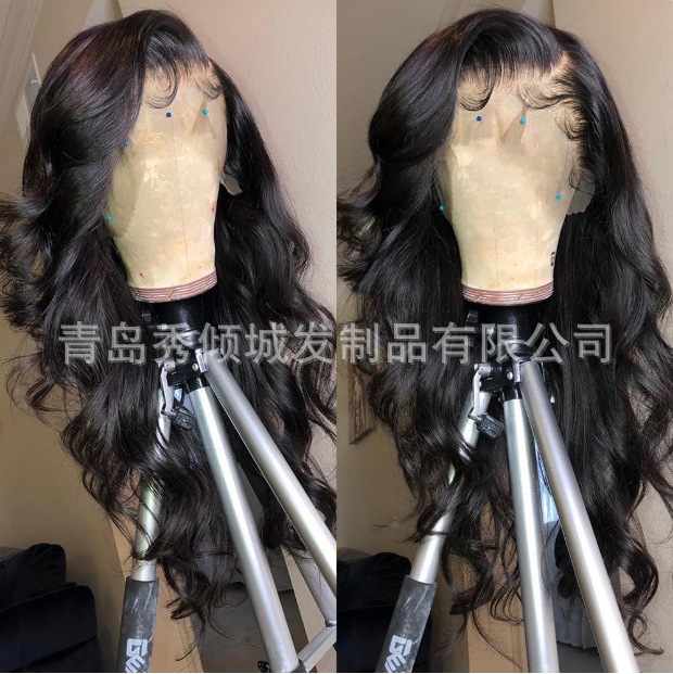 Peluca negra de ondas largas 134 con encaje frontal para cosplay, peluca transfronteriza