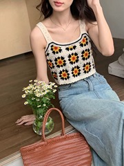 波西米亞泫雅風鏤空吊帶背心小眾清新復古勾花短款蕾絲小背心上衣