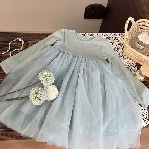 Korean children's clothing 2024 new spring girls' long-sleeved dress children's stylish princess fluffy skirt net dress