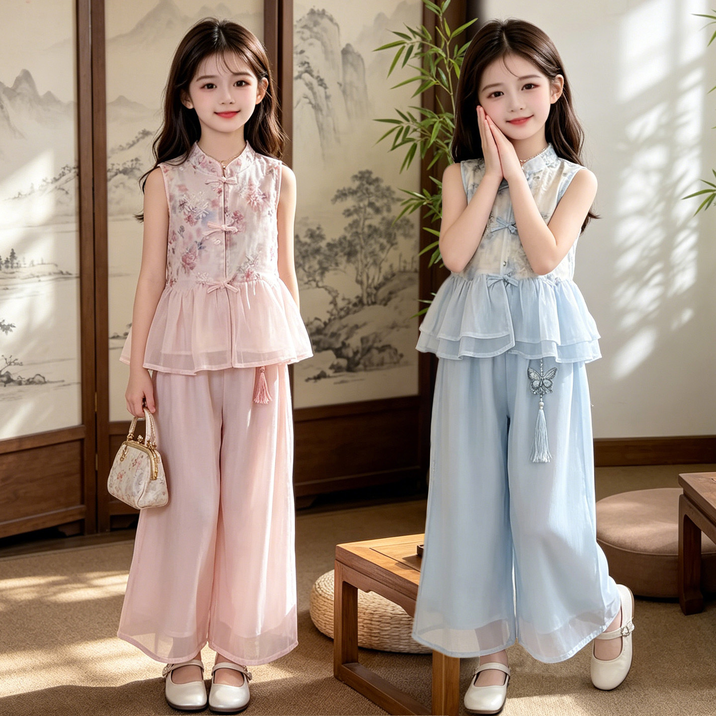 New Chinese-Style Girls' Summer Hanfu Set: Fresh and Simple Sleeveless Top and Wide-Leg Pants for Older Children, Traditional Tang Suit Outfit