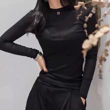 冰丝长袖T恤女春夏季2024新款韩版修身圆领洋气薄款短款黑色上衣