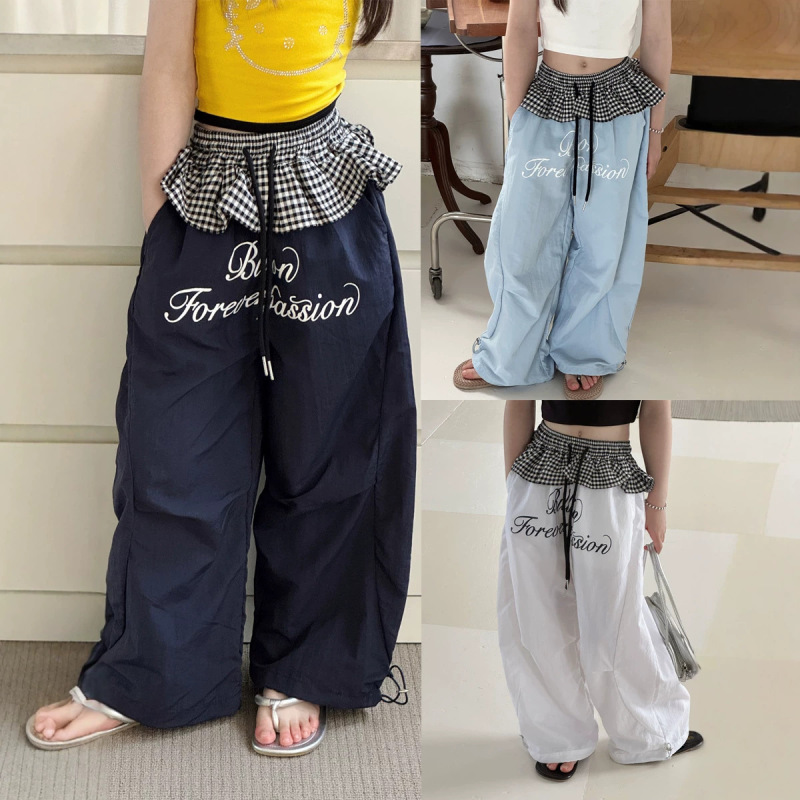Princess Yuyu Girls' Casual Straight-Leg Pants with a Decorative Flap, Summer Korean Style Jazz Loose Long Pants for Children