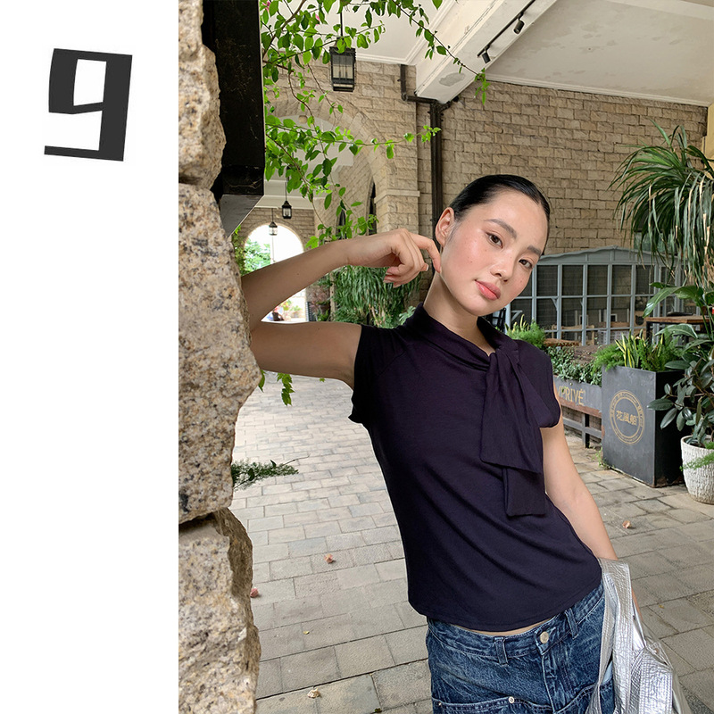 [9Hour] American Personalized Design Fake Scarf T-Shirt for Women 2025 Summer Versatile Raglan Top M11361