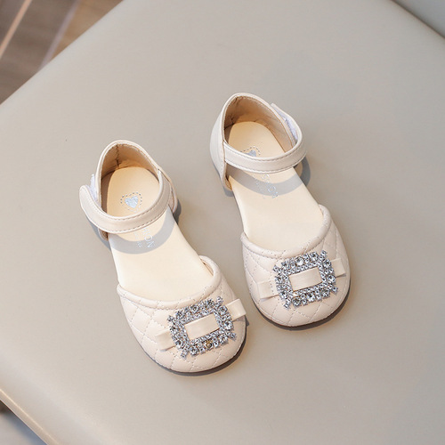 Korean version of girls' princess shoes 2024 spring and summer new children's fashion leather shoes baby soft sole rhinestone dance shoes