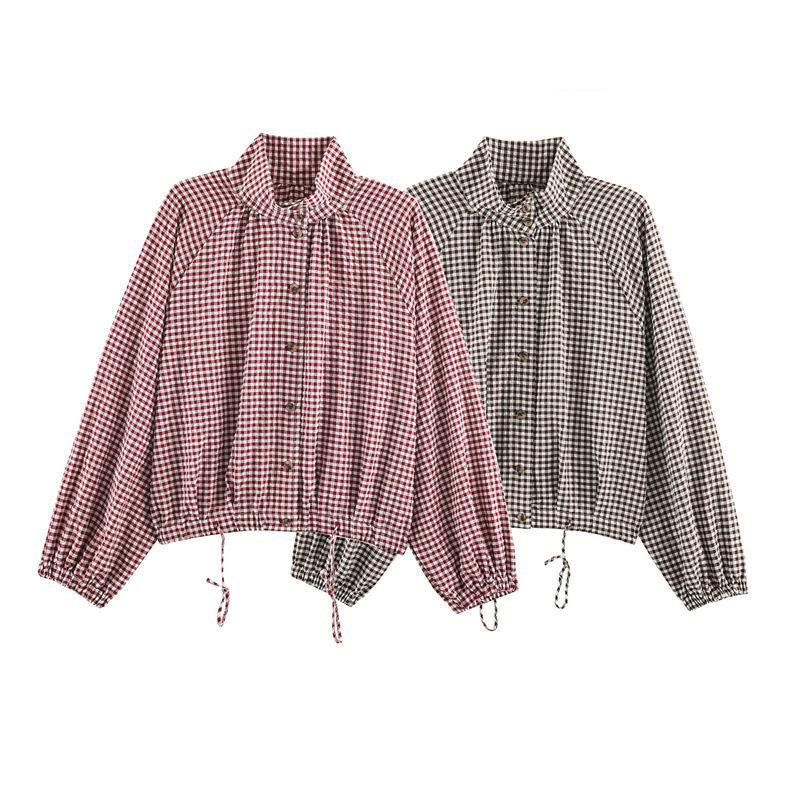 Foreign Trade 2026 Summer New European and American Style Simple Plaid Stand Collar Long Sleeve Drawstring Hem Casual Jacket Coat