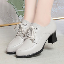 粗跟高跟时尚女鞋休闲百搭系带防水台厚底中年休闲款软面中年皮鞋