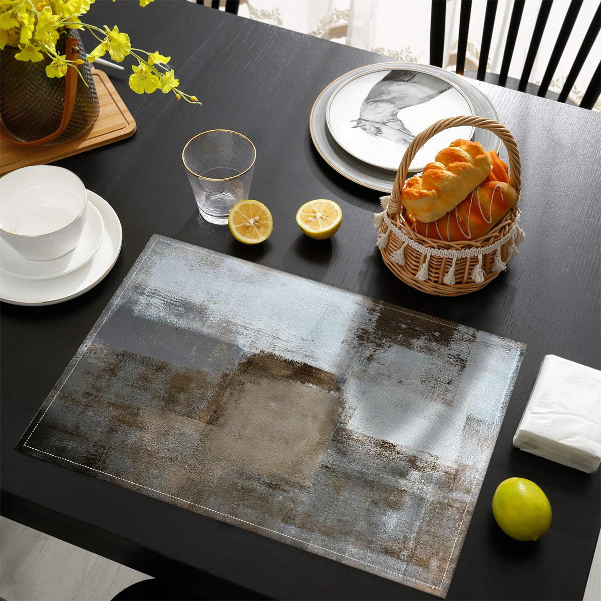 Pintura al óleo graffiti de una sola capa de lino Placemat Arte Decoración tela estera de mesa montaña lavado antideslizante estera de aislamiento