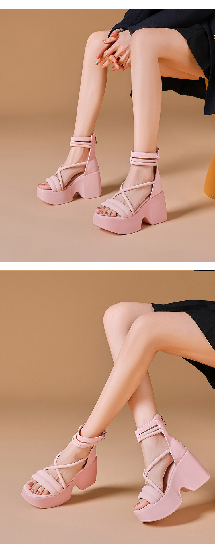 Sandal cao gót La Mã hở mũi đế platform dây kéo sau gót 10 cm — Màu đen, Màu hồng, Màu trắng be chi tiết 8