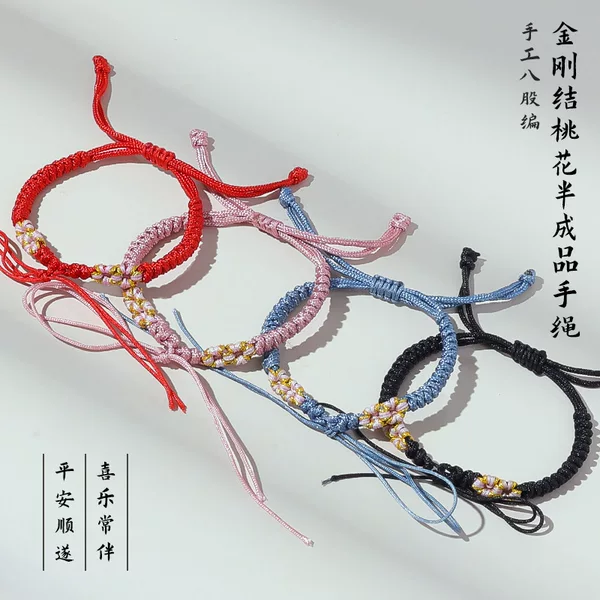 Handmade Woven Semi-Finished Peach Blossom Knot Bracelet with Bead Charm, Safety Buckle, Silver Jewelry, and Red String