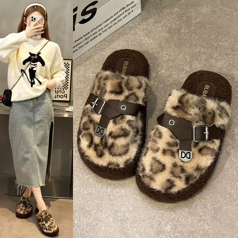 豹纹毛毛棉鞋女居家外穿冬新款厚底百搭皮带扣包头拖室内保暖棉拖