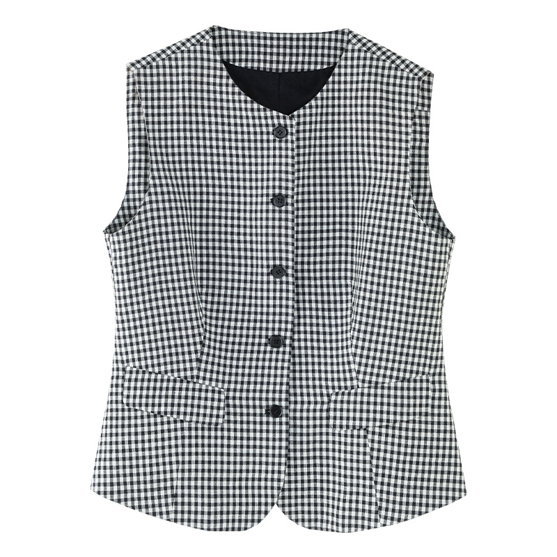 Áo gile nữ cổ tròn kẻ sọc đen trắng phối chân váy linen cạp chun — Áo gi lê - 66080 ô đen trắng