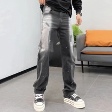 欧美高街拼接复古泼墨牛仔裤男潮牌嘻哈水洗宽松直筒长裤秋冬