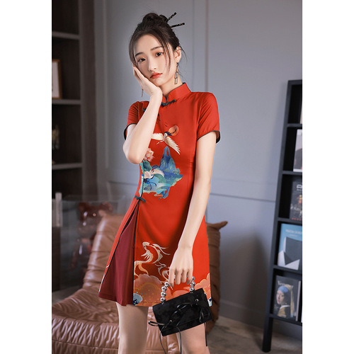 Chinese dress Retro Chinese Dresses Qipao Side slit Asian Theme Party Cosplay Dresses for women girls paragraphs short improved red young girl